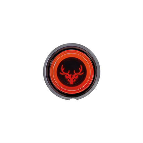 runt positionsljus med rött sken och logo på en hjort, frilagd med vit bakgrund